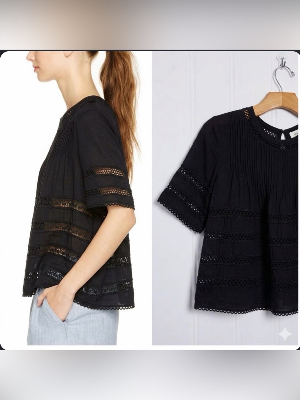 Aritzia Wilfred Black Lace-Trim Short Sleeve Women's Top